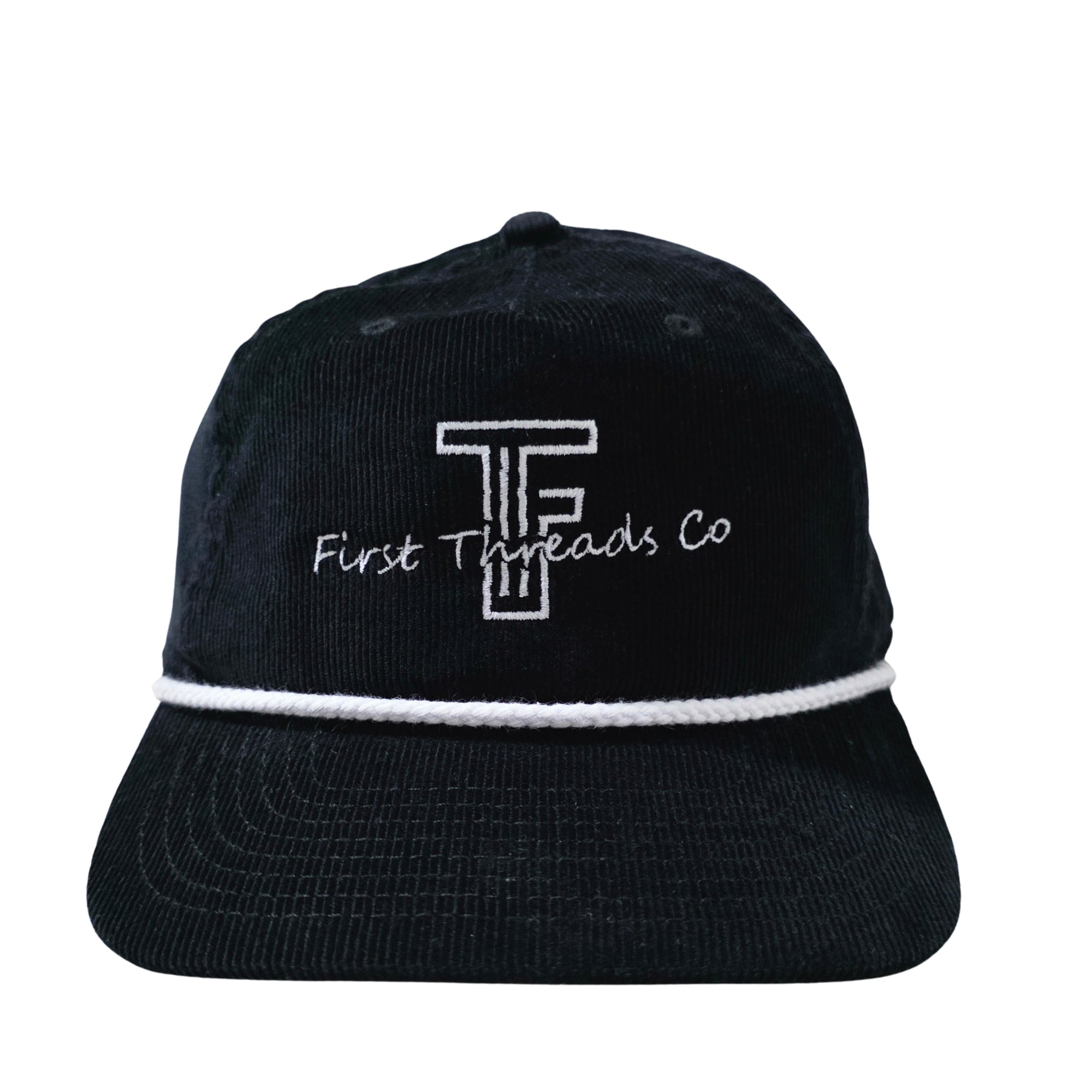 Black cap with 'First Threads Co' logo on a white background