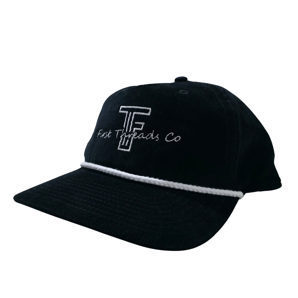 Black cap with white logo and text on a white background