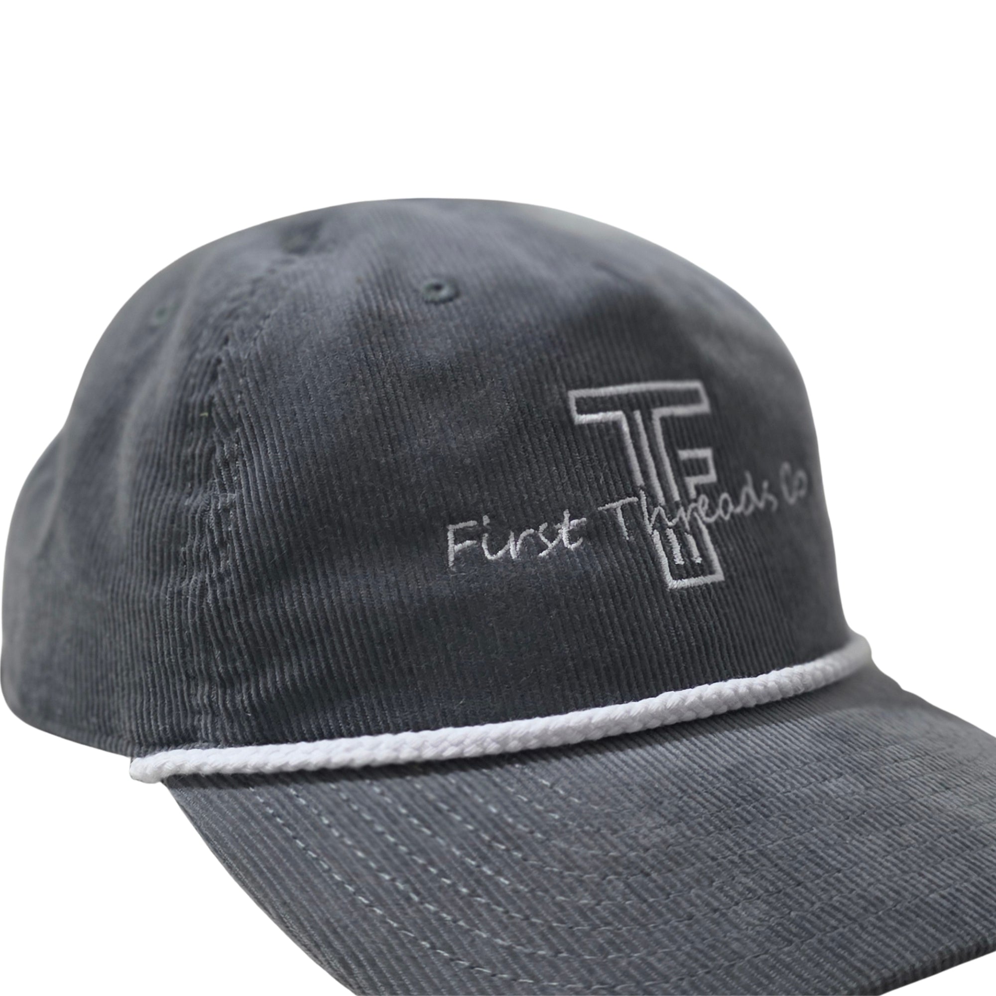 Gray cap with 'First Threads Co' logo on a white background