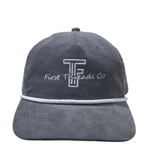 Gray cap with white logo and text on a white background